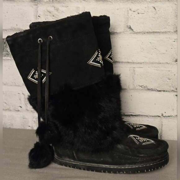 Manitobah Mukluks Black Suede Fur Beaded Tall Boots Women’s 8 Vibram Sole Canada - Picture 5 of 11